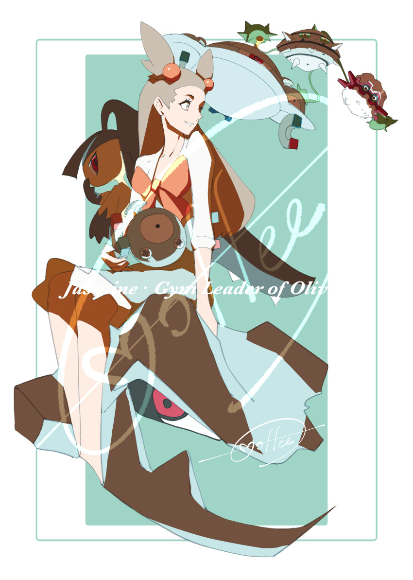 1girl absurdres arm_support border cccacademia character_name commentary_request eyelashes ferrothorn forretress gen_1_pokemon gen_2_pokemon gen_3_pokemon gen_4_pokemon gen_5_pokemon green_background grin highres jasmine_(pokemon) long_hair looking_back magnemite magnezone mawile nintendo pokemon pokemon_(creature) pokemon_hgss riding riding_pokemon signature sitting smile steelix teeth two_side_up white_border