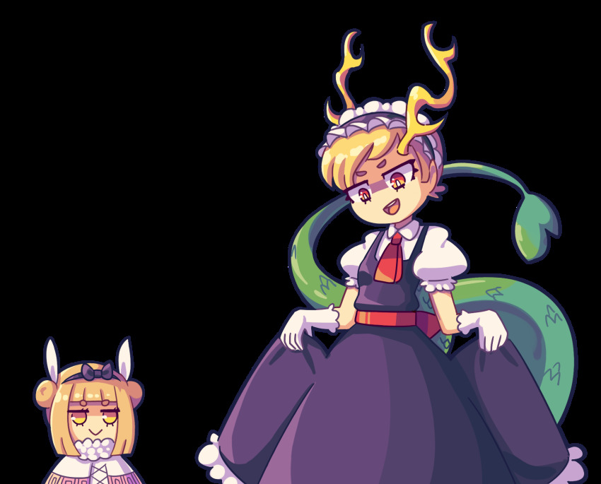 2girls :&gt; alternate_costume antlers blonde_hair blue_dress capelet check_commentary clothes_lift commentary_request cosplay cowboy_hat daigada double_bun dragon_horns dragon_tail dress gloves hair_bun hair_ribbon hat head_tilt highres horns jitome joutouguu_mayumi kanna_kamui kanna_kamui_(cosplay) kicchou_yachie kobayashi-san_chi_no_maidragon looking_at_another looking_down maid_headdress multiple_girls necktie open_mouth puffy_short_sleeves puffy_sleeves red_eyes red_neckwear ribbon shirt short_sleeves simple_background skirt skirt_hold skirt_lift tail teeth thick_eyebrows tohru_(maidragon) tooru_(maidragon)_(cosplay) touhou transparent_background upper_teeth_only white_background white_gloves white_shirt yellow_eyes