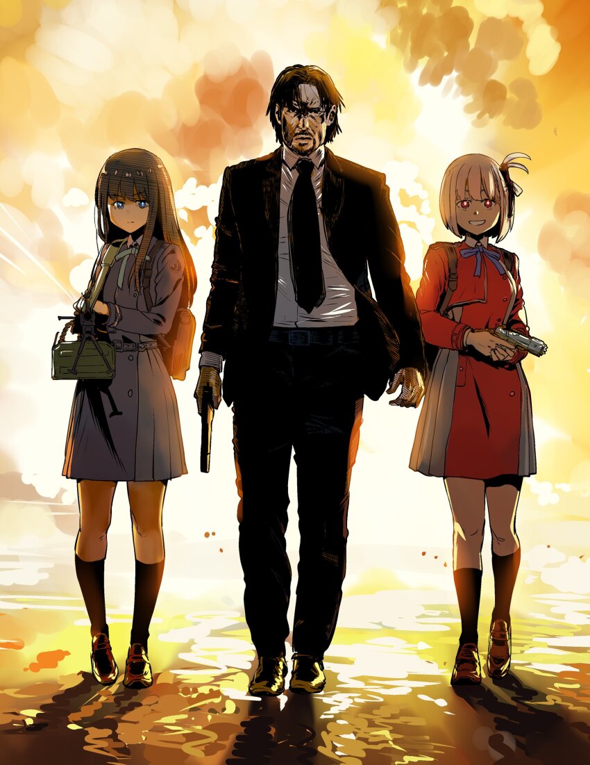 1boy 2girls :d backpack bag bare_legs beard belt black_belt black_eyes black_footwear black_hair black_necktie black_pants black_socks black_suit blonde_hair blue_belt blue_dress blue_ribbon blunt_bangs bob_cut breasts briefcase buckle business_suit buttons clenched_hand closed_mouth collared_dress collared_shirt commentary_request crossover dress explosion expressionless facial_hair facing_viewer formal_clothes full_body green_ribbon grey_dress gun h&amp;k_p30 hair_ornament hair_over_shoulder hair_ribbon handgun happy heckler_&amp;_koch highres holding holding_gun holding_weapon inoue_takina john_wick john_wick_(character) kneehighs large_breasts loafers long_hair long_sleeves looking_at_viewer lycoris_recoil lycoris_uniform m1911 machine_gun medium_hair multiple_girls muzzle_device neck_ribbon necktie night nishikigi_chisato nogami_takeshi one_side_up open_mouth pants parted_bangs pkm pleated_dress purple_eyes red_belt red_dress red_eyes red_ribbon ribbon school_bag school_briefcase school_uniform shirt shoes short_hair sidelocks simple_background sketch smile socks suit teeth thighs two-tone_dress walking walking_away weapon white_shirt