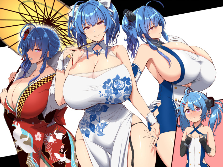 2girls aged_down ahoge alternate_breast_size alternate_costume alternate_hairstyle azur_lane blue_hair blush breast_envy breasts bursting_breasts china_dress chinese_clothes cleavage closed_mouth clothing_cutout commentary_request curvy dress gigantic_breasts gloves hands_on_own_chest helena_(azur_lane) japanese_clothes kimono kloah lena_(azur_lane) long_hair looking_at_viewer multiple_girls open_mouth ponytail purple_eyes ribbon shiny_skin side_ponytail sideboob skindentation smile st._louis_(azur_lane) st._louis_(blue_and_white_pottery)_(azur_lane) st._louis_(spirits_in_the_snow)_(azur_lane) taut_clothes taut_dress thick_thighs thighs tight_clothes twintails umbrella underboob_cutout white_gloves white_ribbon wide_hips