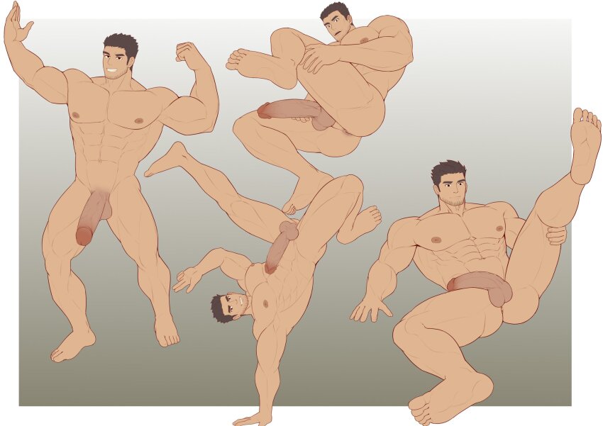 1boy abs anus ass bara beard_stubble biceps black_hair blankandlove collage completely_nude facial_hair feet flexing full_body girthy_penis grin handstand highres huge_pectorals large_penis looking_at_viewer lucas_lee lying male_focus muscular muscular_male navel nipples nude on_back one_arm_handstand penis presenting salute scott_pilgrim_(series) scott_pilgrim_takes_off shaved_body short_hair smile spread_legs stubble thighs uncensored v-taper