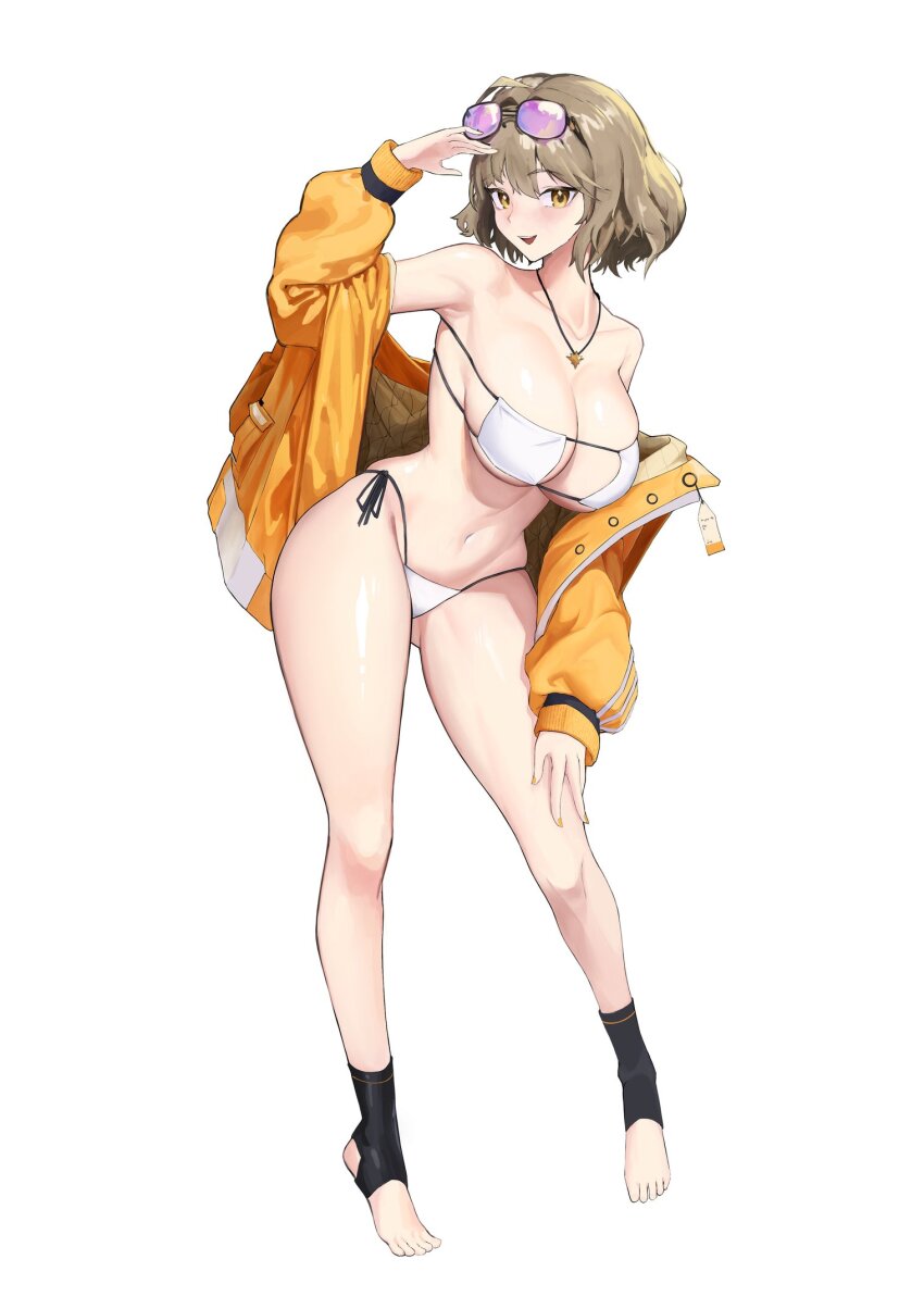 1girl anis_(nikke) anis_(sparkling_summer)_(nikke) aviator_sunglasses bikini chro_art eyepatch_bikini eyewear_on_head full_body goddess_of_victory:_nikke highres jacket jewelry necklace official_alternate_costume pink-tinted_eyewear solo star_(symbol) star_necklace sunglasses swimsuit tinted_eyewear white_bikini yellow_jacket
