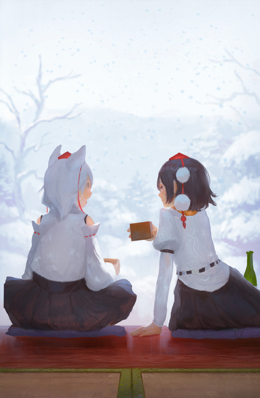 2girls animal_ears arm_garter arm_strap arm_support bare_tree black_hair black_skirt blurry blurry_background blush bottle box closed_mouth commentary cup cushion detached_sleeves embellished_costume fjsmu from_behind half-closed_eye hand_up hat highres holding holding_box holding_cup indian_style inubashiri_momiji juliet_sleeves leaning_to_the_side light_smile long_sleeves looking_at_another masu multiple_girls no_wings on_floor open_mouth outdoors outstretched_arm pom_pom_(clothes) porch puffy_sleeves red_eyes red_headwear reflective_floor ribbon-trimmed_sleeves ribbon_trim shameimaru_aya shirt short_hair sitting skirt sleeveless sleeveless_shirt snow snowing tatami tokin_hat touhou tree white_hair white_shirt winter wolf_ears zabuton