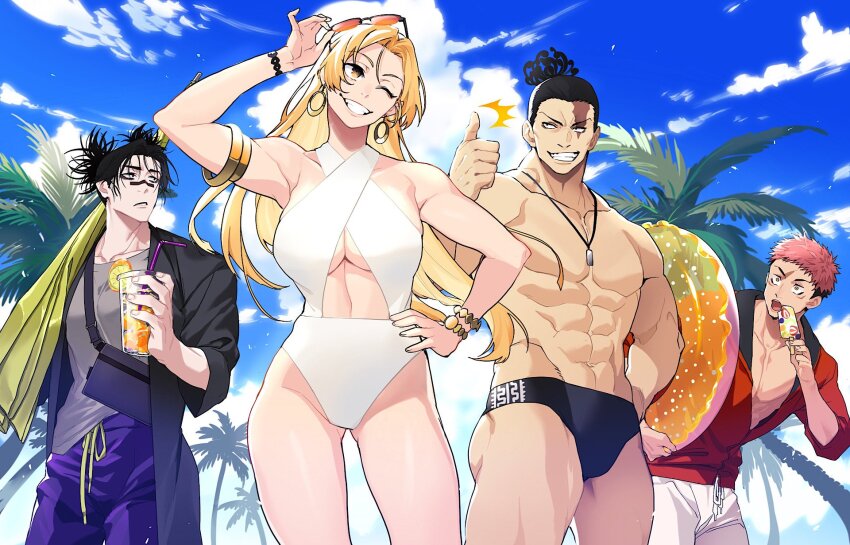 1girl 3boys armlet bikini black_eyes black_hair black_jacket black_male_swimwear black_swim_briefs blonde_hair bracelet breasts choso_(jujutsu_kaisen) cleavage collarbone cup day drawstring earrings eyewear_on_head facial_tattoo food grey_shirt grin hand_on_own_hip highres holding holding_cup itadori_yuuji jacket jewelry jip jujutsu_kaisen large_breasts long_hair male_swimwear multiple_boys muscular muscular_male necklace one_eye_closed open_mouth orange-tinted_eyewear outdoors palm_tree parasol pink_hair ponytail popsicle purple_male_swimwear purple_shorts purple_swim_trunks red_jacket scar scar_on_face shirt short_hair short_ponytail short_sleeves shorts smile swim_briefs swim_trunks swimsuit tattoo teeth thumbs_up tinted_eyewear topless_male toudou_aoi_(jujutsu_kaisen) tree tsukumo_yuki_(jujutsu_kaisen) umbrella undercut white_bikini white_male_swimwear white_shorts white_swim_trunks yellow_eyes