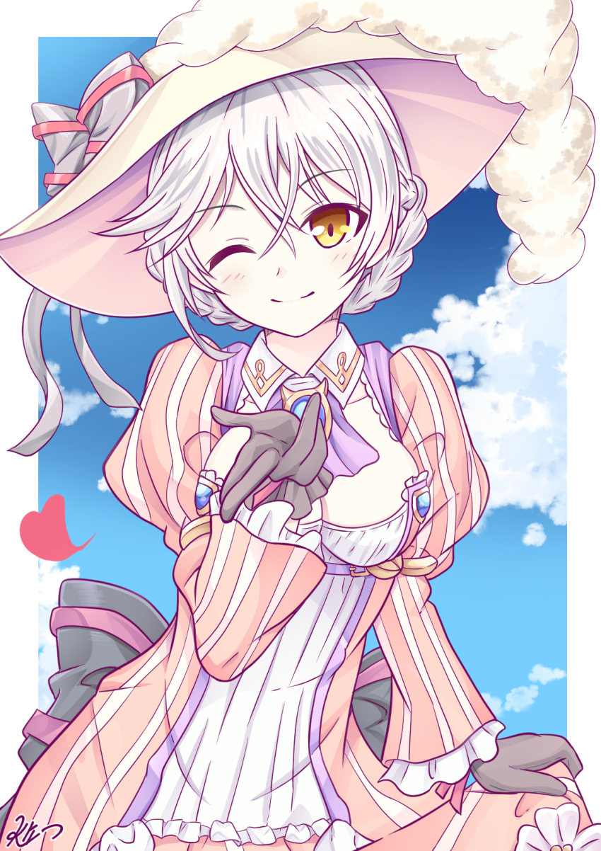 black_ribbon blowing_kiss blue_sky breasts dress gizeric_fausta hat highres iris_mysteria! k_(nura-rikuo) one_eye_closed pink_dress ribbon sky smile white_hair white_hat yellow_eyes