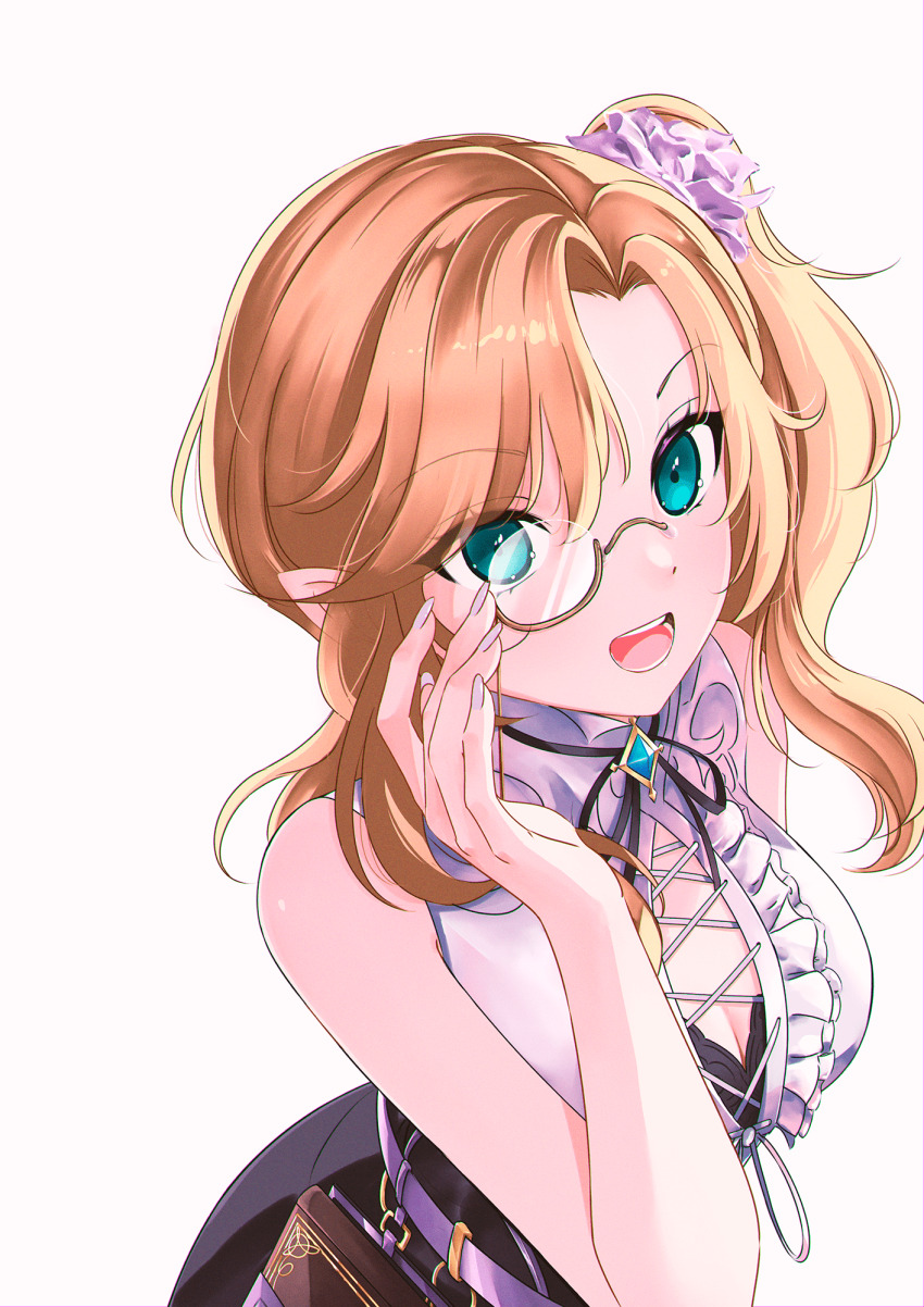 1girl :d adjusting_eyewear aqua_eyes blonde_hair book book_holster breasts cleavage flower hair_flower hair_ornament highres indie_virtual_youtuber kiseki_miya looking_at_viewer medium_breasts monocle open_mouth pointy_ears side_ponytail smile soghoth solo virtual_youtuber white_background