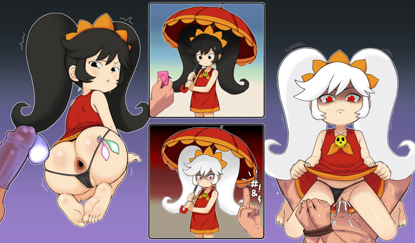 1girl 2boys annoyed anus ashley_(warioware) black_eyes black_hair bound bound_wrists cameltoe clothes_lift clothing_aside condom condom_belt condom_on_penis cowgirl_position cum cum_in_pussy dress dress_lift erection femdom gaping gaping_anus hair_ornament hetero highres loli lolidom middle_finger multiple_boys nintendo olivaoil penis pussy rape red_eyes sex straddling testicles thong twintails umbrella used_condom vaginal warioware white_hair