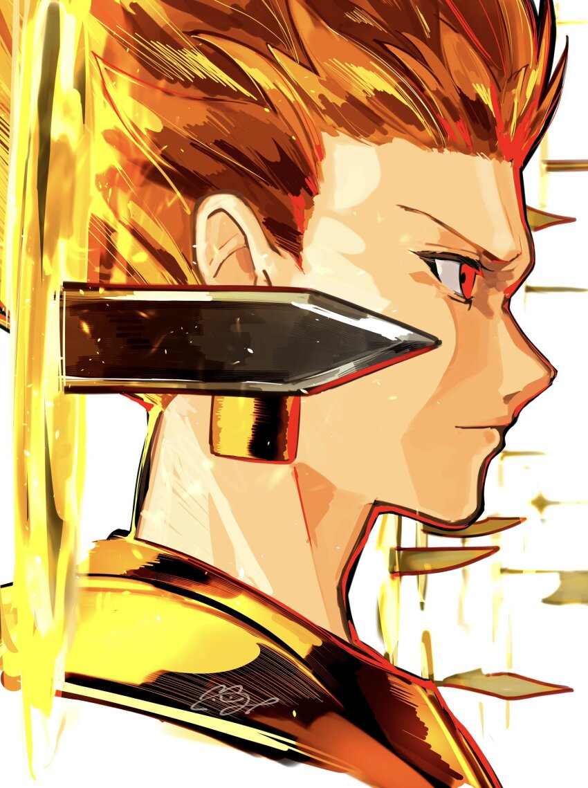 1boy :| blonde_hair closed_mouth commentary cropped_head earrings fate/grand_order fate_(series) from_side furrowed_brow gate_of_babylon_(fate) gilgamesh_(fate) gold_earrings highres jewelry male_focus mikanha346 orange_hair profile red_eyes short_hair signature solo white_background