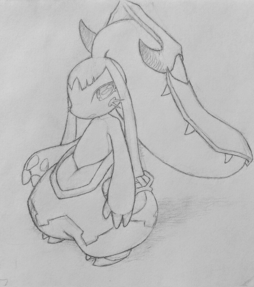 1other arms_at_sides barefoot big_hair collarbone flat_chest full_body gen_3_pokemon greyscale horizontal_pupils long_hair looking_at_viewer made_in_abyss mawaifu mawile monochrome nanachi_(made_in_abyss) nintendo open_mouth other_focus pokemon pokemon_(creature) ponytail puffy_pants sidelocks simple_background sketch solo standing topless_other traditional_media very_long_hair whiskers white_background