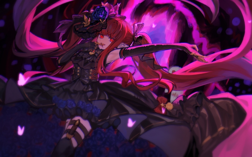 1girl :d arm_up baiye_renxing black_dress black_gloves black_hat black_thighhighs black_veil bug butterfly cowboy_shot dark_background dress dungeon_and_fighter elbow_gloves enchantress_(dungeon_and_fighter) female_mage_(dungeon_and_fighter) finger_to_mouth floating_hair gloves glowing_butterfly gothic_lolita hands_up hat highres insect legwear_garter lolita_fashion long_hair looking_at_viewer mini_hat mini_top_hat open_mouth pink_butterfly pointy_ears red_eyes red_hair short_dress sleeveless sleeveless_dress smile solo thighhighs top_hat twintails veil very_long_hair