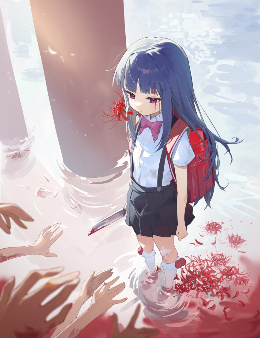 1girl bandage_on_knee black_skirt blood bloody_knife blue_hair blunt_bangs child collared_shirt corrupted_twitter_file flower furude_rika highres higurashi_no_naku_koro_ni holding holding_knife knife pillar red_bag red_eyes red_footwear scar scar_on_face school_uniform shirt skirt socks spider_lily suspenders suye wading white_shirt