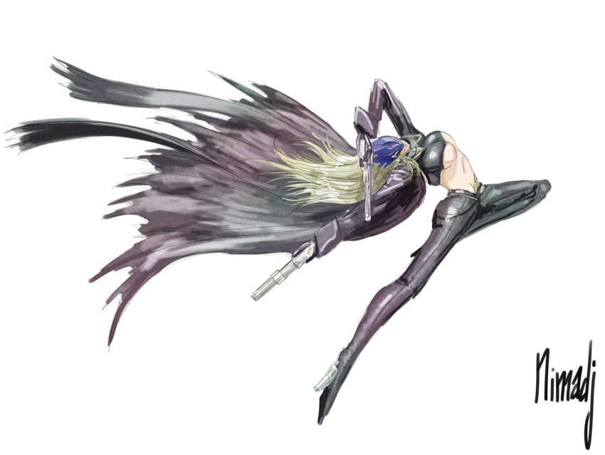 1girl ankle_gun bayonetta_(series) beelstarmon black_coat black_pants black_shirt blonde_hair breasts coat crop_top digimon digimon_(creature) full_body gun highres holding holding_gun holding_weapon large_breasts long_hair midriff nimadj pants purple_eyes quadruple_wielding shirt simple_background solo underboob weapon white_background