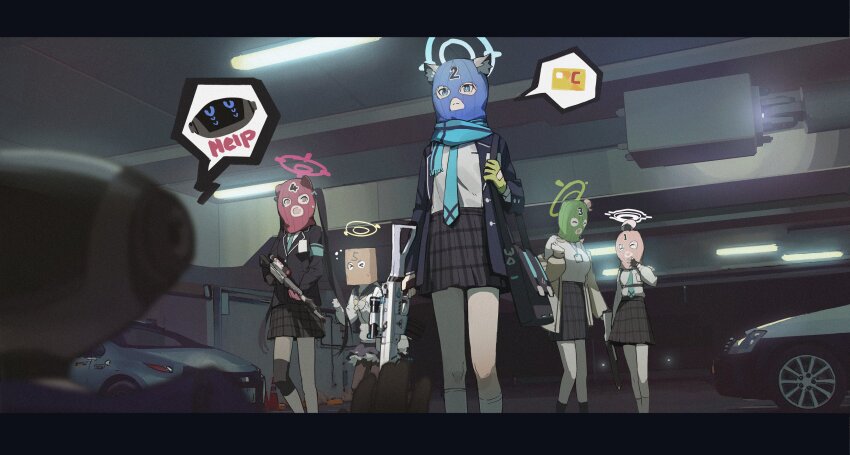 &gt;_&lt; 1other 5girls absurdres ahoge android_(blue_archive) animal_ear_fluff animal_ears aqua_necktie assault_rifle bag_over_head balaclava beretta_1301 beretta_ar70/90 black_dress blue_archive blue_eyes blue_scarf border bow bowtie car dress faust_(blue_archive) gun halo hifumi_(blue_archive) highres holding holding_gun holding_weapon hoshino_(blue_archive) indoors jacket kneehighs lang_(mask) letterboxed motor_vehicle multiple_girls necktie nonomi_(blue_archive) open_clothes open_jacket open_mouth pleated_skirt rifle scarf school_uniform serika_(blue_archive) shiroko_(blue_archive) sig_sauer_556 skirt socks spoken_expression spoken_object weapon wolf_ears yellow_bow yellow_bowtie