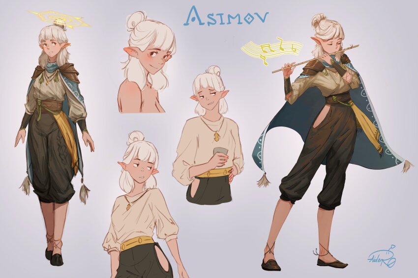 1girl anklet arm_armor armor asimov_(spindle_(aidenr0)) bard belt black_footwear black_pants blue_cape blush cape character_name reference_sheet closed_eyes commentary cup english_commentary from_side full_body grey_background hair_bun highres holding holding_cup jewelry looking_to_the_side medium_hair multiple_views musical_note necklace original pants playing_flute pointy_ears portrait shirt shoulder_armor signature simple_background single_hair_bun smile smirk spindle_(aidenr0) upper_body white_hair white_shirt