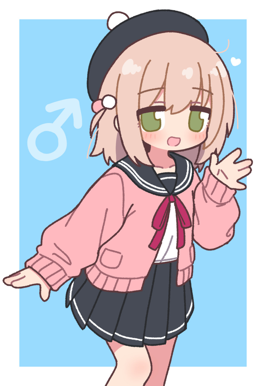 1boy :d beret black_hat black_sailor_collar black_skirt blue_background blush border brown_hair cardigan collarbone commentary_request crossdressing crossdressing_(mtf) crossdressing_boy_(naga_u) feet_out_of_frame green_eyes hair_bobbles hair_ornament hand_up hat heart highres long_sleeves looking_at_viewer male_focus mars_symbol medium_hair miniskirt naga_u neck_ribbon one_side_up open_cardigan open_clothes open_mouth original outside_border pink_cardigan pleated_skirt pom_pom_hat_ornament puffy_long_sleeves puffy_sleeves red_ribbon ribbon sailor_collar school_uniform serafuku shirt simple_background skirt sleeves_past_wrists smile solo standing trap waving white_border white_shirt ||/