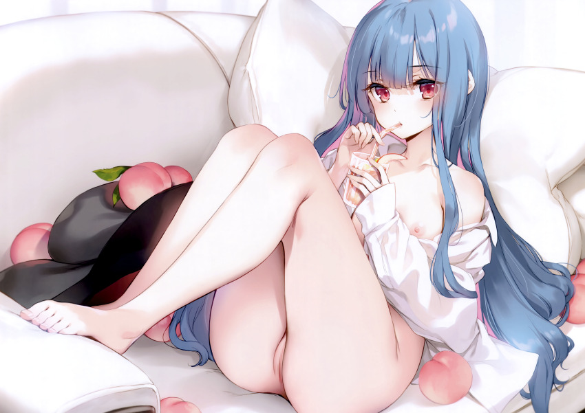 1girl absurdres apple apple_slice ass black_hat blue_hair breasts censored clothes_down collarbone couch cup drinking drinking_glass drinking_straw food fruit full_body hat highres hinanawi_tenshi holding holding_cup ke-ta long_hair looking_at_viewer mosaic_censoring nipples peach pillow pussy reclining red_eyes shirt small_breasts solo third-party_source touhou unworn_hat unworn_headwear very_long_hair white_shirt