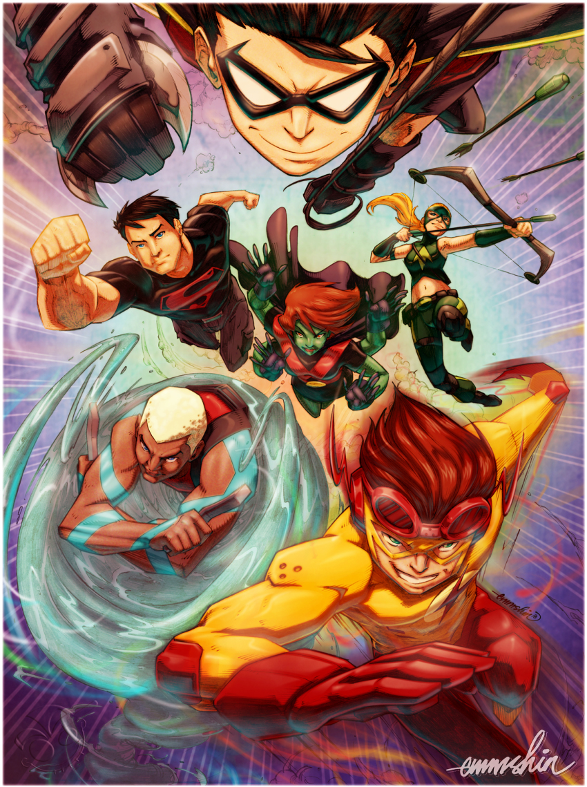 2girls 4boys alien aqualad archery arm_tattoo artemis_crock blonde_hair blue_eyes bodysuit bow_(weapon) cape dc_comics dick_grayson domino_mask emmshin extra_arms flying gloves green_eyes highres kid_flash kon-el mask multiple_boys multiple_girls ponytail red_gloves red_goggles red_hair robin_(dc) running smile superboy superhero_costume tattoo wally_west water weapon young_justice