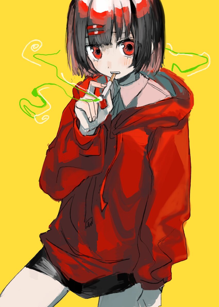 1984_(cw1000110) 1girl black_hair blush cigarette cowboy_shot hair_ornament hairclip hand_up highres hood hood_down hoodie long_sleeves looking_at_viewer original red_eyes red_hoodie simple_background smoking solo yellow_background