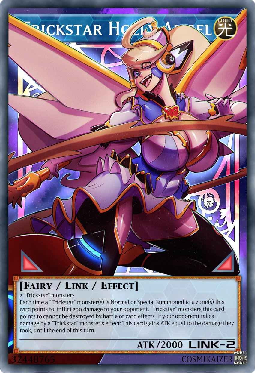 1girl absurdres alternate_breast_size black_thighhighs blonde_hair blue_dress breasts card_(medium) cleavage cleavage_cutout clothing_cutout commentary cosmikaizer covered_navel cowlick dress english_commentary gigantic_breasts gloves hair_over_one_eye highres holding holding_whip long_hair mechanical_wings open_hand open_mouth plump purple_eyes smile solo thighhighs trading_card trickstar_holly_angel very_long_hair white_gloves wings yu-gi-oh!