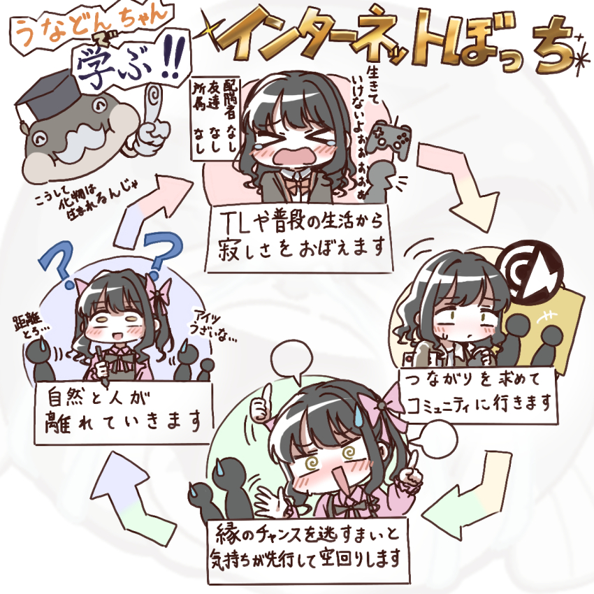 &gt;_&lt; 1girl ? ^_^ apron arrow_(symbol) black_apron black_hair black_hat black_jacket blank_speech_bubble blush bow brown_eyes closed_eyes closed_mouth collared_shirt comedic_sweatdrop controller fake_facial_hair fake_mustache game_controller hair_bow hat highres holding holding_stylus index_finger_raised jacket mortarboard open_clothes open_jacket open_mouth original people pink_bow pink_shirt shirt silhouette speech_bubble stylus sweatdrop tears translation_request twintails unadon_(unadoom) wide-eyed