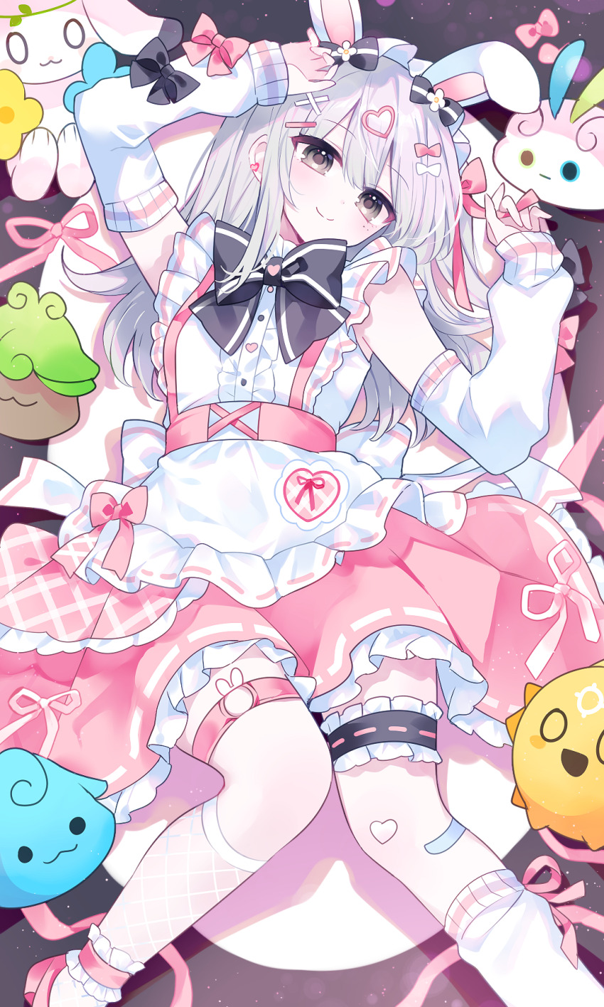 1girl animal_ears apron arm_up asymmetrical_legwear black_bow bow center_frills chaos_(g_ieep) closed_mouth commentary_request detached_sleeves feet_out_of_frame flower frilled_apron frilled_skirt frills g_ieep grey_eyes grey_hair hair_between_eyes hair_bow hair_ornament hairclip heart heart_hair_ornament high_heels highres long_sleeves maplestory mismatched_legwear pink_bow pink_shoes pink_skirt puffy_long_sleeves puffy_sleeves rabbit_ears shirt shoes skirt sleeves_past_wrists smile socks solo striped_bow stuffed_animal stuffed_rabbit stuffed_toy twintails waist_apron white_apron white_bow white_flower white_shirt white_sleeves white_socks x_hair_ornament