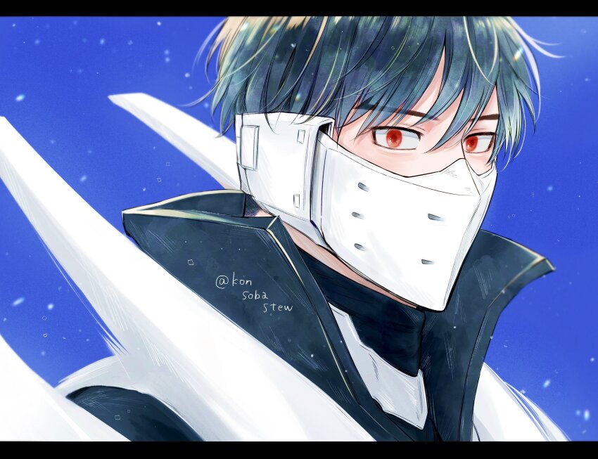 1boy absurdres black_hair blue_background boku_no_hero_academia hair_between_eyes highres iida_tenya konsobastew letterboxed light_particles looking_at_viewer male_focus mask mouth_mask portrait red_eyes short_hair solo twitter_username white_mask