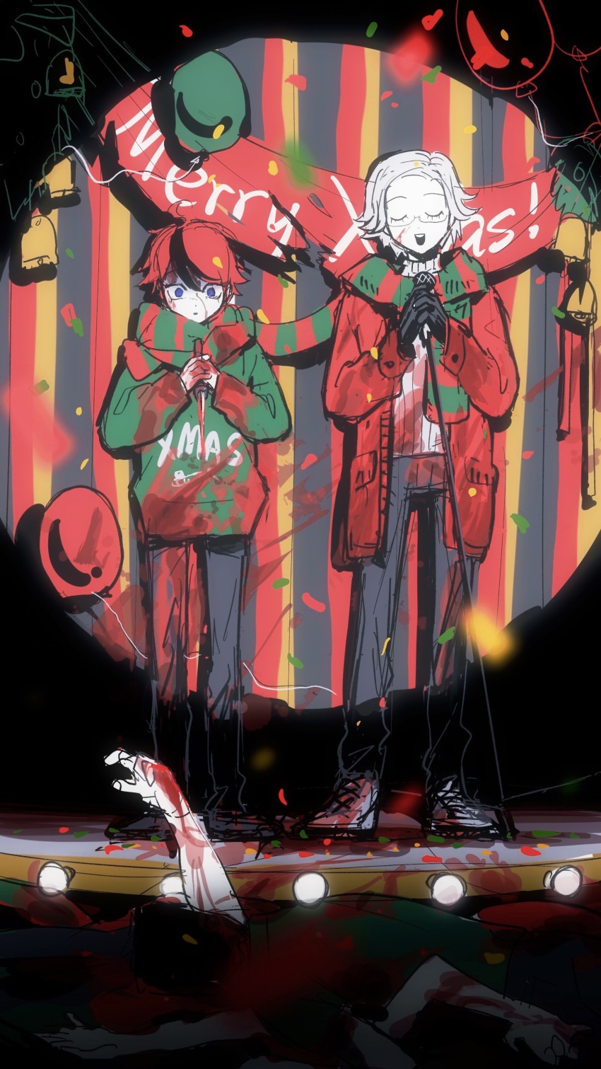 2boys absurdres aotsuki_eito balloon black_gloves black_pants black_shoes blood blood_on_clothes blood_on_face blood_on_hands blood_splatter bloody_knife blue_eyes chinese_commentary christmas_sweater coat facing_viewer glasses gloves green_scarf green_sweater grey_hair highres holding holding_knife holding_microphone kardo-q knife looking_at_viewer male_focus merry_christmas microphone multicolored_hair multiple_boys music pants pile_of_corpses red_coat red_hair red_scarf scarf shared_clothes shared_scarf shirt shoes short_hair singing spoilers standing streaked_hair striped_clothes striped_scarf sumino_takumi sweater the_hundred_line_-last_defense_academy- white_shirt white_shoes