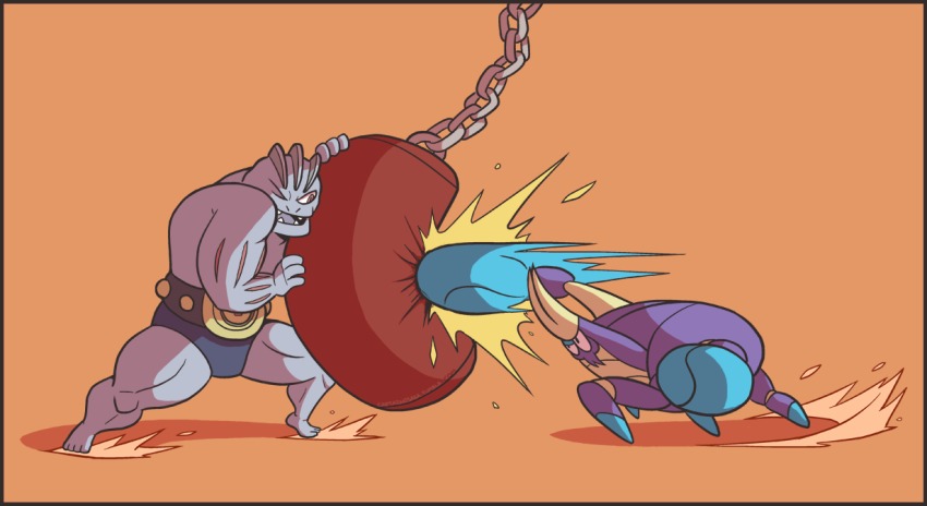 10s 1990s_(style) captainosaka chain crabrawler gen_1_pokemon gen_7_pokemon machoke nintendo no_humans orange_background pokemon pokemon_(creature) pokemon_rgby pokemon_sm punching punching_bag retro_artstyle simple_background thick_thighs thighs