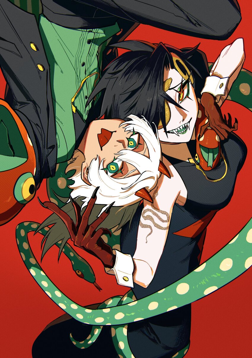 2girls absurdres black_dress black_hair black_suit dress eyepatch fingernails forked_tongue formal_clothes green_eyes green_shirt highres horns lizard_tail looking_at_viewer momomo_906 multicolored_eyes multiple_girls original red_background red_eyes sharp_fingernails sharp_teeth shirt short_hair simple_background suit tail teeth tongue tongue_out white_hair yellow_eyes