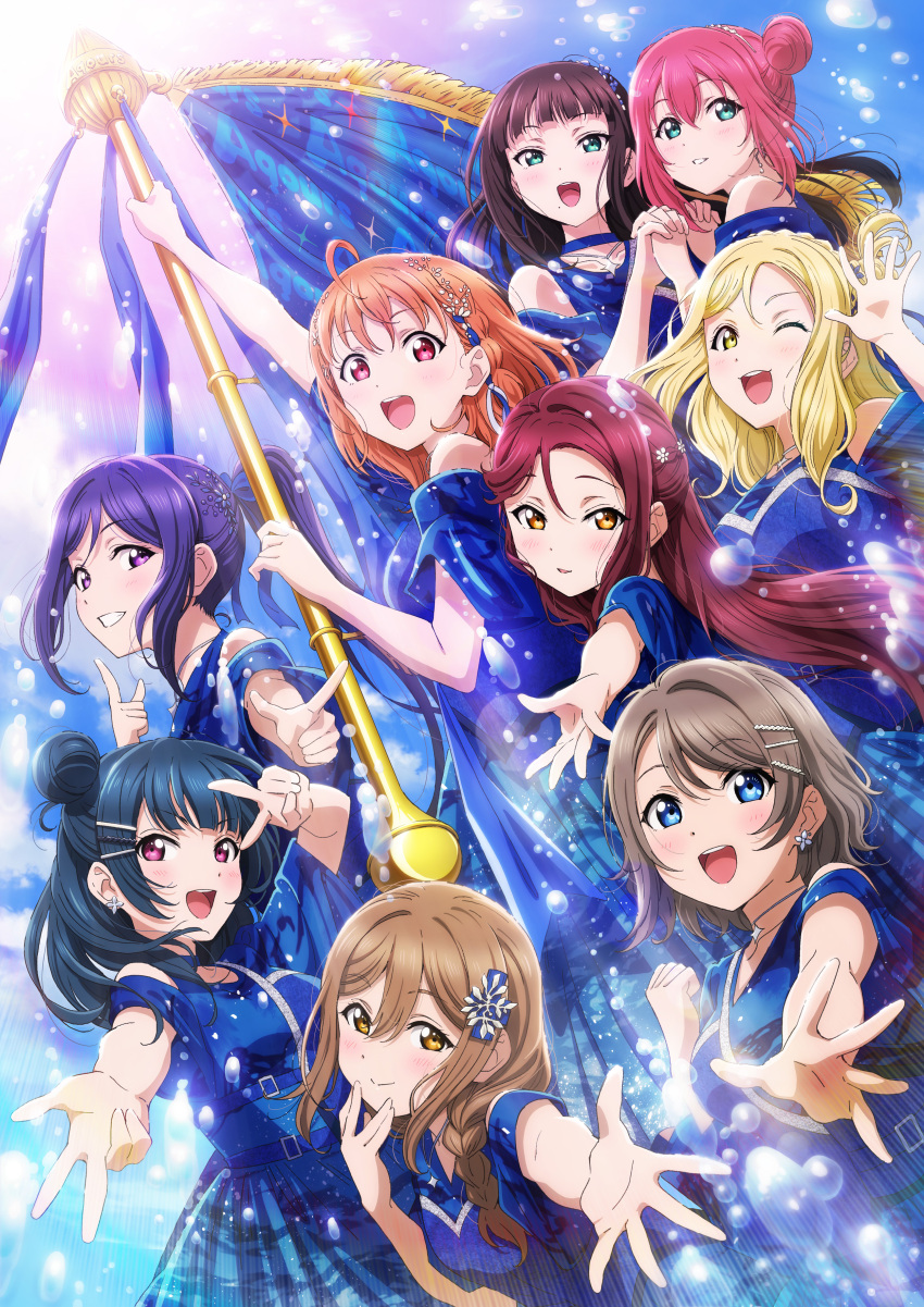 6+girls absurdres ahoge anime_coloring aqours_finale_lovelive!_~eikyuu_stage~ bare_shoulders black_hair blonde_hair blue_eyes blue_hair blush brown_eyes brown_hair dress earrings everyone flag flower from_side green_eyes grey_hair hair_bun hair_flower hair_ornament hair_ribbon highres holding_hands jewelry kunikida_hanamaru kurosawa_dia kurosawa_ruby light_particles light_rays long_hair looking_at_viewer love_live! love_live!_sunshine!! matsuura_kanan multiple_girls official_art ohara_mari one_eye_closed open_mouth orange_hair pink_eyes pink_hair ponytail purple_eyes purple_hair reaching reaching_towards_viewer red_hair ribbon sakurauchi_riko short_hair short_sleeves simple_background smile splashing sun sunlight takami_chika tsushima_yoshiko watanabe_you water water_drop waving yellow_eyes