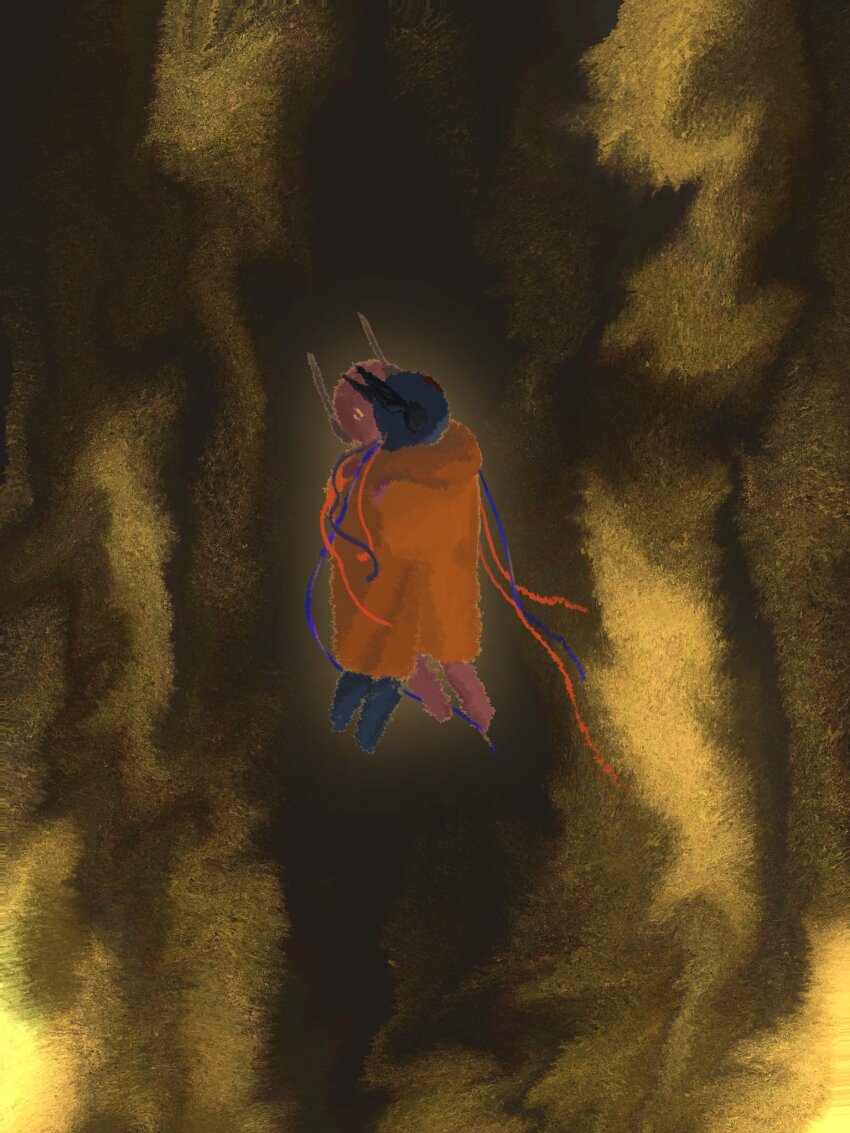 cable circle_facial_mark cloak commentary english_commentary five_pebbles floating highres hug humanoid_robot iterator_(rain_world) looks_to_the_moon mixed-language_commentary orange_cloak pointless511 rain_world robot robot_ears spoilers yellow_background