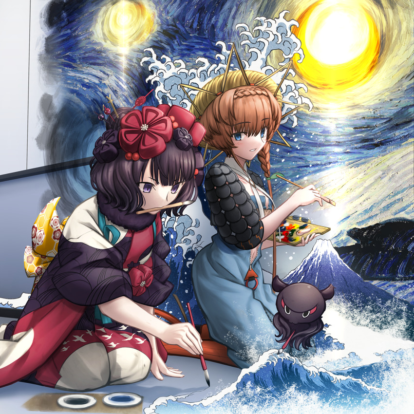 2girls black_kimono blue_overalls braid calligraphy_brush crown_braid fate/grand_order fate_(series) fine_art_parody genderswap genderswap_(mtf) hair_bun hair_ornament hairpin highres holding holding_paintbrush ink japanese_clothes kanagawa_okinami_ura katsushika_hokusai_(fate) kimono mount_fuji mouth_hold multiple_girls nihonga octopus orange_hair overall_shorts overalls paintbrush parody purple_hair purple_kimono shoori_(migiha) side_braid single_hair_bun starry_night tokitarou_(fate) ukiyo-e van_gogh_(fate) van_gogh_(first_ascension)_(fate) vincent_van_gogh_(style) waves yellow_headwear