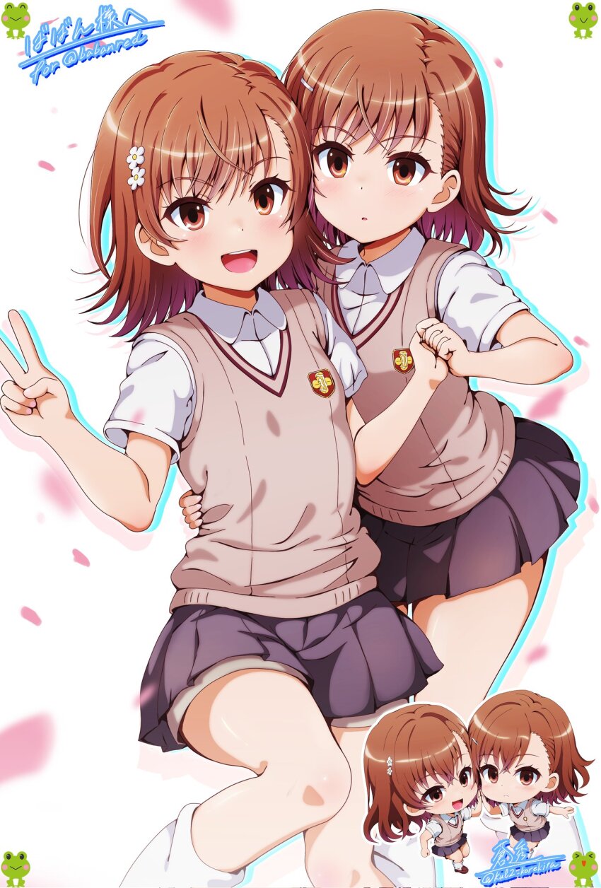 2girls :d asymmetrical_bangs brown_eyes brown_hair brown_sweater_vest chibi chibi_inset clone collared_shirt commentary_request commission gekota grey_skirt hair_ornament hairpin highres holding_hands kanmiya_shinobu looking_at_viewer loose_socks medium_hair miniskirt misaka_imouto misaka_mikoto multiple_girls open_mouth pleated_skirt school_emblem school_uniform shirt short_sleeves shorts shorts_under_skirt siblings simple_background sisters skirt smile socks summer_uniform sweater_vest toaru_kagaku_no_railgun toaru_majutsu_no_index tokiwadai_school_uniform v v-neck white_shirt white_socks