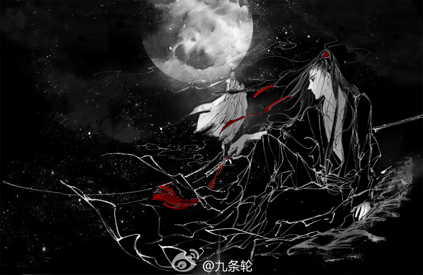 2boys black_eyes black_hair black_hanfu chinese_clothes closed_mouth dizi faux_traditional_media floating_hair flute flute_tassel full_moon greyscale guqin hair_ribbon hanfu high_ponytail holding holding_instrument ink_wash_painting instrument kcllzas163 knee_up lan_wangji light_particles long_hair long_sleeves looking_to_the_side male_focus modao_zushi monochrome moon multiple_boys night night_sky on_rooftop ponytail profile red_ribbon ribbon robe rooftop sitting sky smoke solo_focus spot_color standing star_(sky) starry_sky tassel third-party_source transverse_flute watermark wei_wuxian weibo_watermark white_hanfu wide_sleeves wind