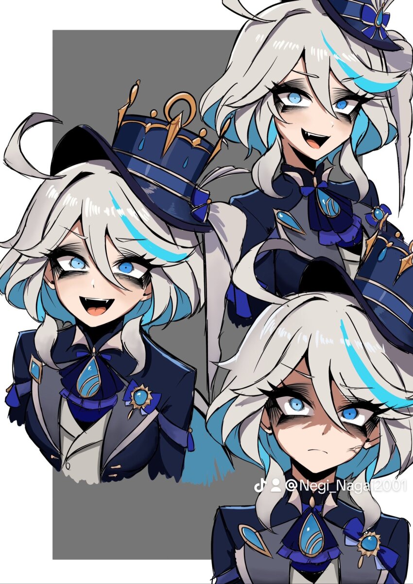 1girl ahoge anger_vein angry blue_eyes blue_hair colored_inner_hair commentary_request cropped_shoulders furina_(genshin_impact) genshin_impact hair_between_eyes hat heterochromia highres looking_at_viewer multicolored_hair multiple_views nagainegi open_mouth shaded_face smile streaked_hair white_hair