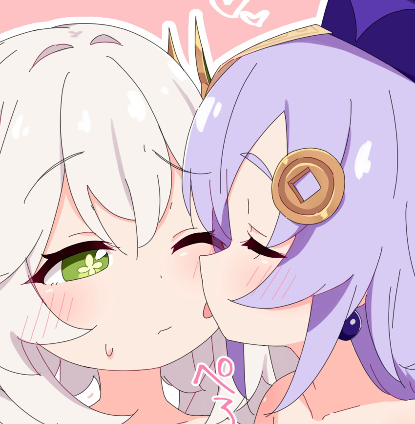 azbchan1221 blush genshin_impact green_eyes half-closed_eyes highres kodomo_doushi licking licking_another&#039;s_face looking_at_another nahida_(genshin_impact) one_eye_closed paid_reward_available purple_hair qiqi_(genshin_impact) sweat symbol-shaped_pupils white_hair yuri