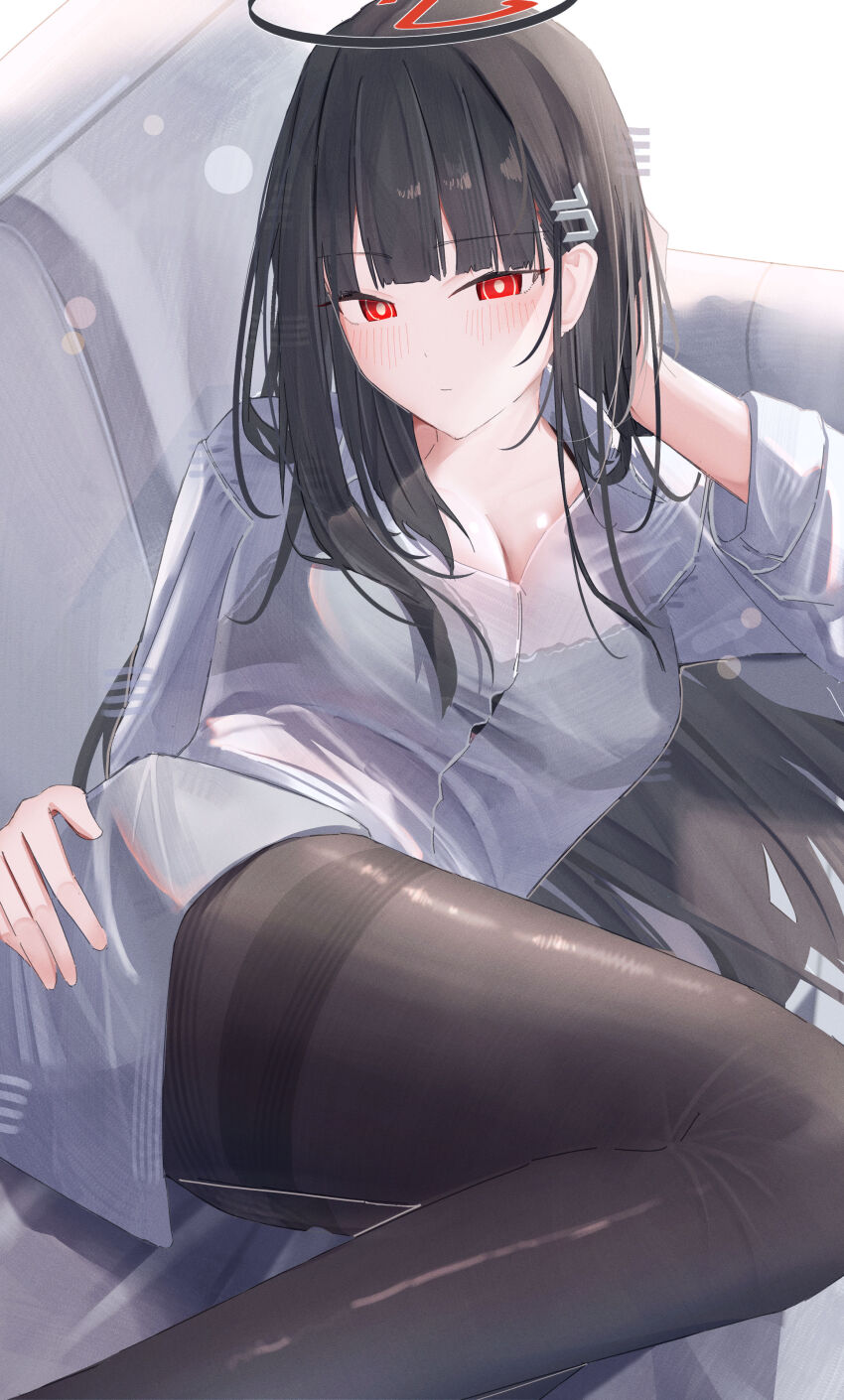 1girl absurdres arm_behind_head black_hair black_pantyhose blue_archive blunt_bangs blush breasts cleavage couch hair_ornament hairclip halo highres leonardo_566 long_hair lying on_side pantyhose red_eyes rio_(blue_archive) solo