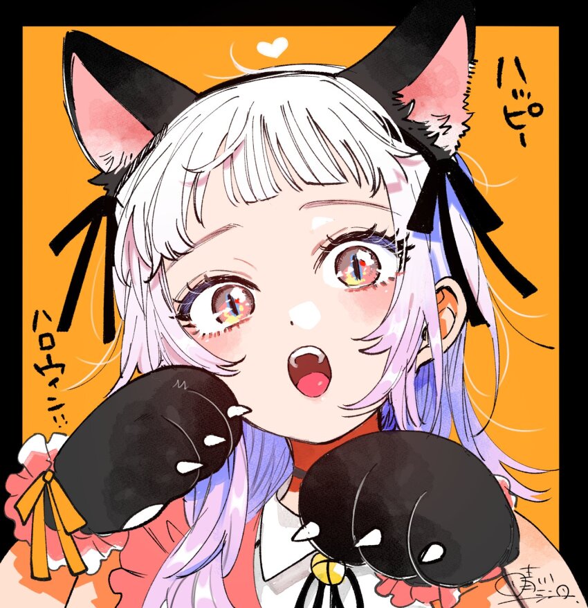 1girl animal_ears animal_hands bell cat cat_ears dress frilled_dress frills gloves halloween halloween_costume harekawa_shinta highres long_hair looking_at_viewer momose_akira_(hatsukoi) momose_akira_no_hatsukoi_hatan_chuu. neck_bell official_art open_mouth paw_gloves paw_pose ribbon shirt short_sleeves solo white_hair