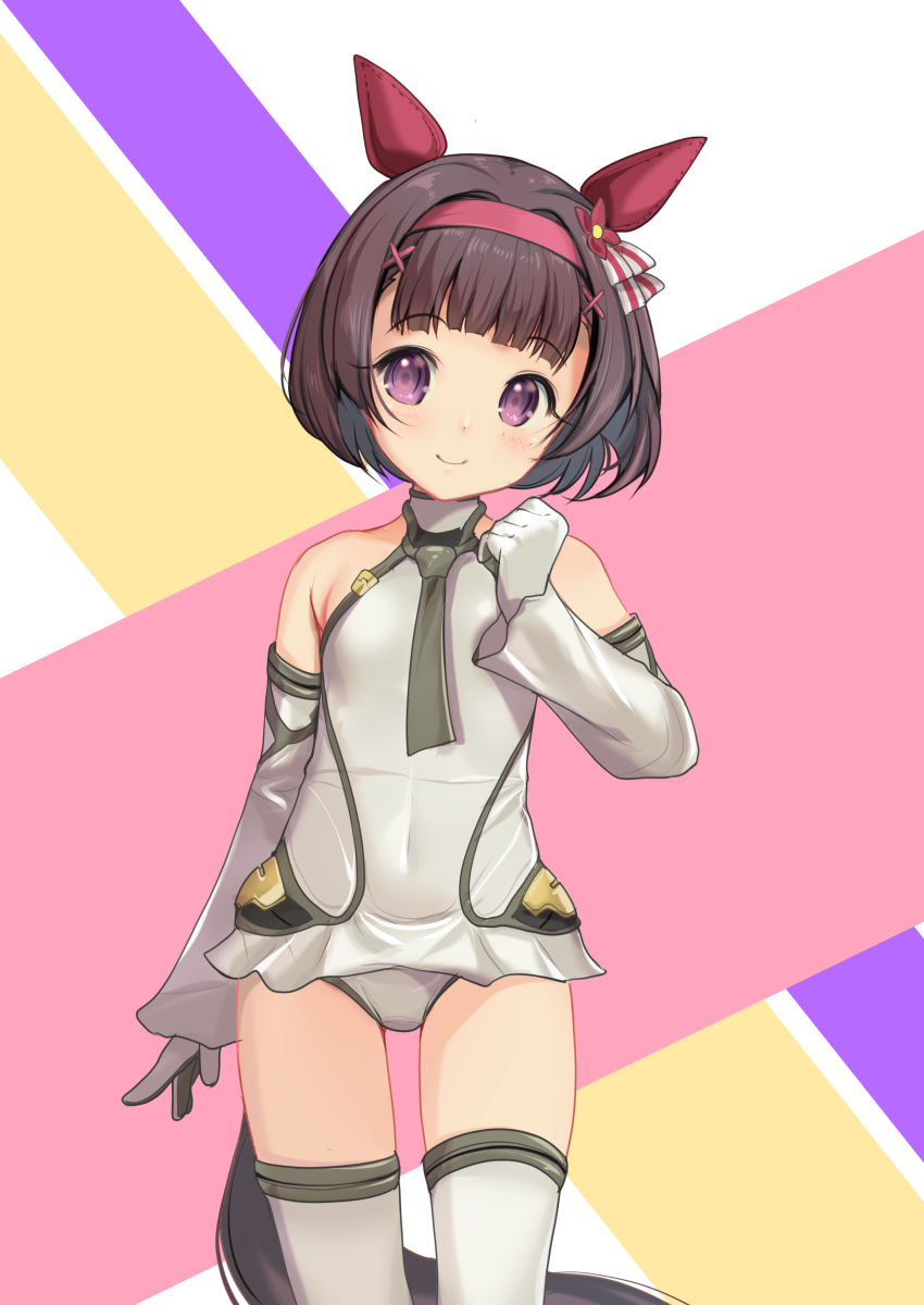 1girl absurdres aikawa_aika alice_gear_aegis animal_ears black_eyes black_hair commentary_request detached_sleeves ear_covers full_body gloves grey_gloves grey_leotard grey_thighhighs highres horse_ears horse_tail leotard nishino_flower_(umamusume) purple_eyes short_hair solo tail thighhighs umamusume yashin_(yasinz)