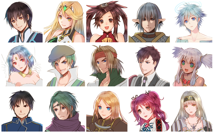 bare_shoulders blue_hair breasts brown_eyes newsboy_cap character_request cheria_barnes cleavage closed_mouth copyright_request dark-skinned_female dark_skin earrings facial_mark filia_(star_ocean) fire_emblem fire_emblem_fates forehead_jewel forehead_mark fullmetal_alchemist guilty_gear hat jewelry jude_mathis kaze_(fire_emblem) long_hair looking_at_viewer medium_hair multiple_boys multiple_girls mythra_(xenoblade) nintendo open_mouth pink_hair pointy_ears red_eyes roy_mustang short_hair simple_background smile souffle_rosetti souyou26 spada_belforma star_ocean star_ocean_the_second_story star_ocean_till_the_end_of_time tales_of_(series) tales_of_graces tales_of_innocence tales_of_xillia white_background wings xenoblade_chronicles_(series) xenoblade_chronicles_2
