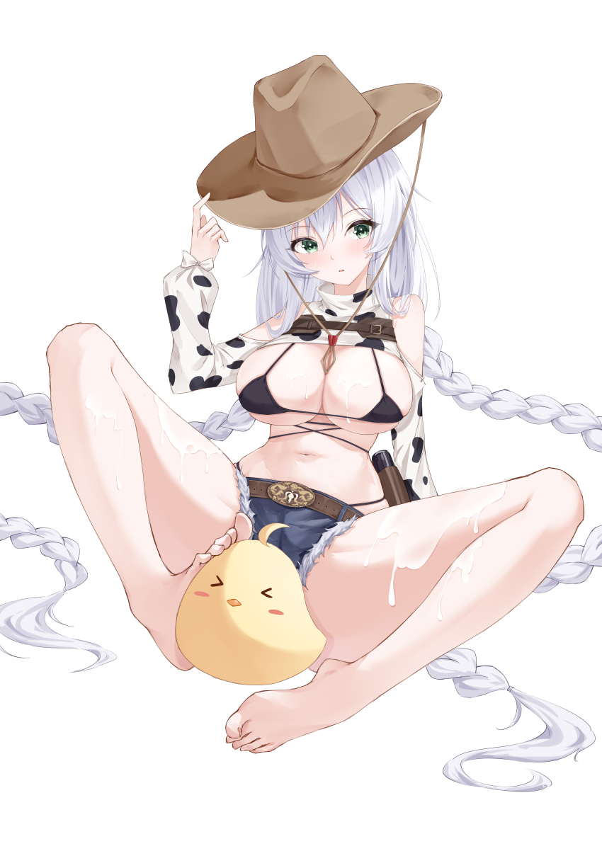 1girl absurdly_long_hair absurdres arm_behind_back arm_support azur_lane bare_legs bare_shoulders barefoot bikini black_bikini blue_shorts blush braid breasts cowboy_hat crop_top fargo_(azur_lane) fargo_(dairy_in_the_dreary_sun)_(azur_lane) full_body green_eyes hair_between_eyes hand_up hat highleg highleg_bikini highres holster legs lieend long_hair long_sleeves looking_at_viewer manjuu_(azur_lane) medium_breasts micro_shorts midriff milk navel parted_lips shorts shrug_(clothing) sitting solo spread_legs striped_clothes swimsuit thighs torn_clothes torn_shorts twin_braids twintails vertical-striped_clothes very_long_hair wet white_hair