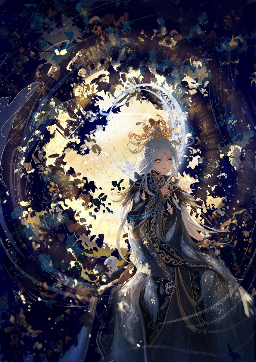 1girl absurdres bangs_pinned_back black_capelet black_hanfu blue_gemstone capelet chinese_clothes confeitoo crescent_halo crown earrings eyelashes feet_out_of_frame flower forehead_jewel gem gold_crown hair_bun hair_rings half_updo halo halo_behind_head hanfu happy highres jewelry layered_sleeves leaf light_particles lipstick long_hair long_sleeves looking_ahead makeup moonset_(shining_nikki) morning nikki_(series) on_branch outdoors parted_lips pink_lips qingyue_(shining_nikki) shining_nikki sidelocks single_hair_bun sitting sitting_on_branch sky sleeves_past_wrists smile solo very_long_hair white_flower white_hair white_halo white_sky wide_sleeves yellow_eyes yunjian