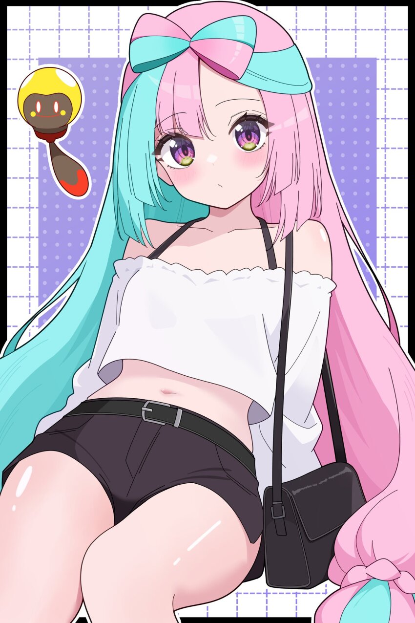 1girl alternate_costume bare_shoulders belt black_belt black_shorts blue_hair blush bow-shaped_hair collarbone crop_top highres iono_(pokemon) long_hair long_sleeves low-tied_long_hair midriff multicolored_hair navel nintendo odorukaminoke off-shoulder_shirt off_shoulder pink_hair pokemon pokemon_(creature) pokemon_sv shirt shorts split-color_hair tadbulb tadpole white_shirt