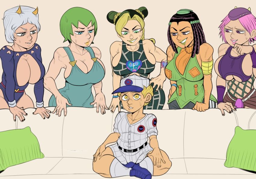 1boy 5girls breasts couch detnox emporio_alnino ermes_costello foo_fighters_(jojo) genderswap genderswap_(mtf) jojo&#039;s_bizarre_adventure jojo_no_kimyou_na_bouken kuujou_jolyne meme multiple_girls narciso_anasui piper_perri_surrounded_(meme) shota sideboob stone_ocean sweatdrop weather_report you_gonna_get_raped