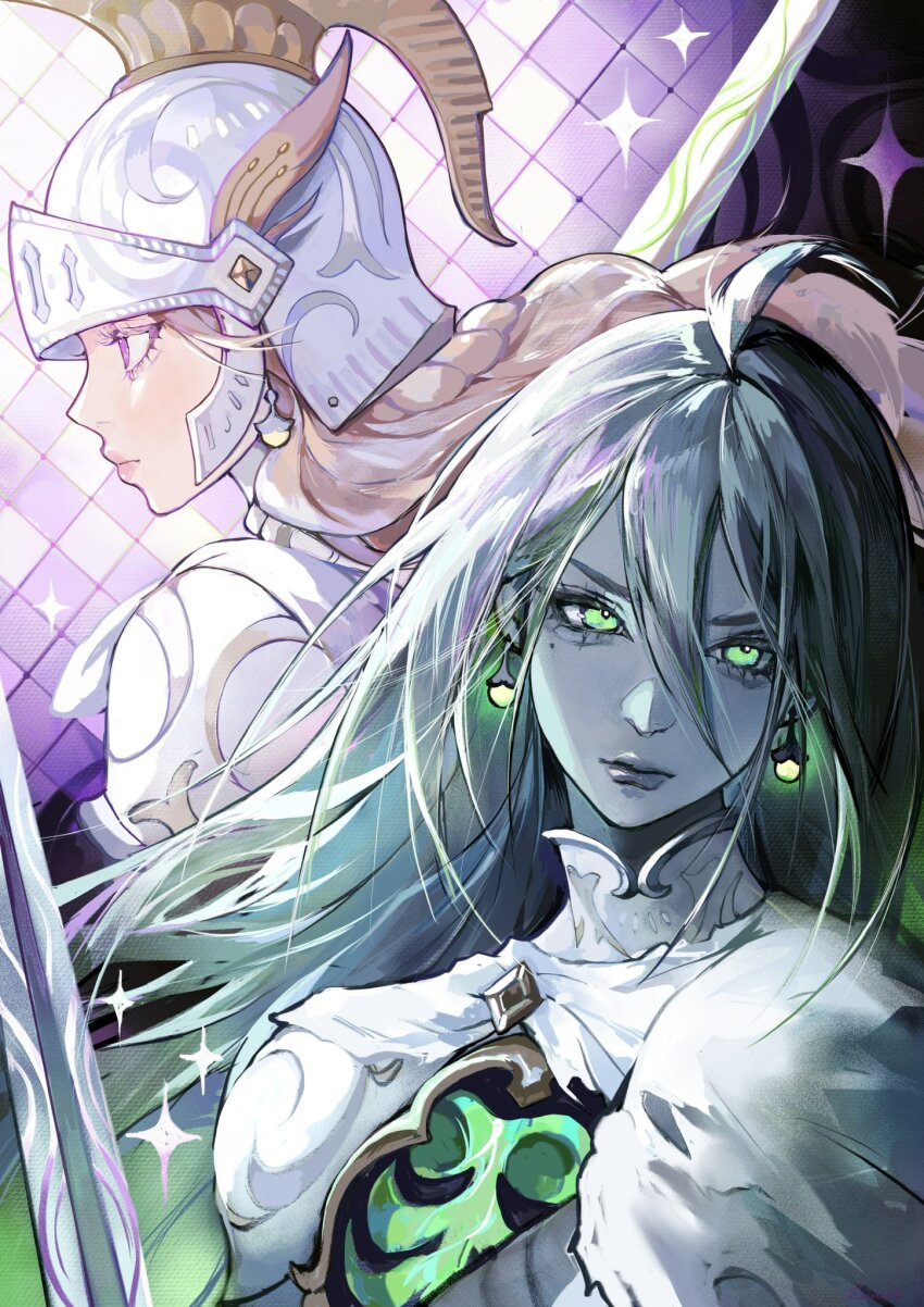 1girl afk_(series) afk_journey ahoge armor blonde_hair braid capelet character_request earrings four-pointed_star glowing glowing_earrings green_eyes green_hair grid_background helmet high_collar highres jewelry long_hair mole mole_under_eye portrait shoulder_armor sumi_(suumiko_) sword valka_(afk) weapon