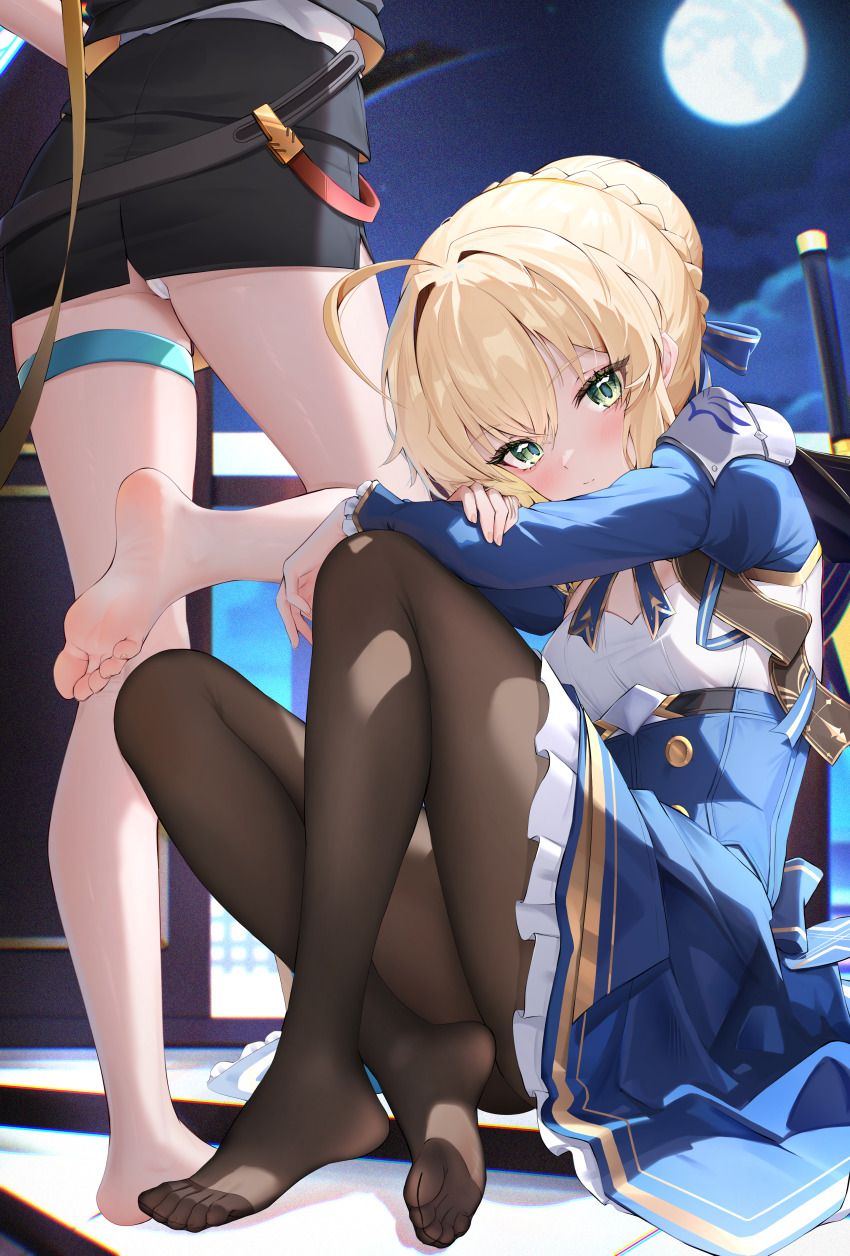 2girls absurdres ahoge artoria_pendragon_(fate) black_pantyhose black_skirt blonde_hair blue_dress blush closed_mouth dress fate/stay_night fate_(series) full_moon green_eyes highres honkai:_star_rail honkai_(series) long_sleeves looking_at_viewer moon multiple_girls night night_sky no_shoes panties pantyhose radoremo saber_(fate) saber_(honkai:_star_rail)_(fate) sitting skirt sky standing stelle_(honkai:_star_rail) thigh_strap trailblazer_(honkai:_star_rail) underwear white_panties