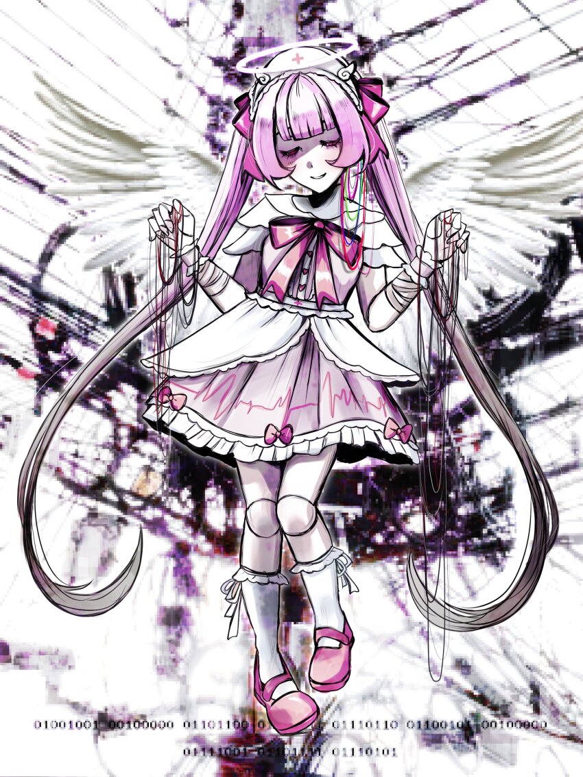 1girl absurdres aegyo_sal ai-chan_(love_angel_syndrome) arms_up bandaged_arm bandages blunt_bangs cable cardiogram_print closed_eyes distortion double-parted_bangs dress feathered_wings frilled_dress frills hair_ribbon halo hat highres holding holding_cable joints kneehighs knees_together_feet_apart layered_dress loose_wires love_angel_syndrome nurse_cap official_art partially_shaded_face pink_dress pink_hair pink_shoes ribbon robot_joints shoes smile socks solo twintails upper_body walking white_background white_socks white_wings winged_sleeves wings