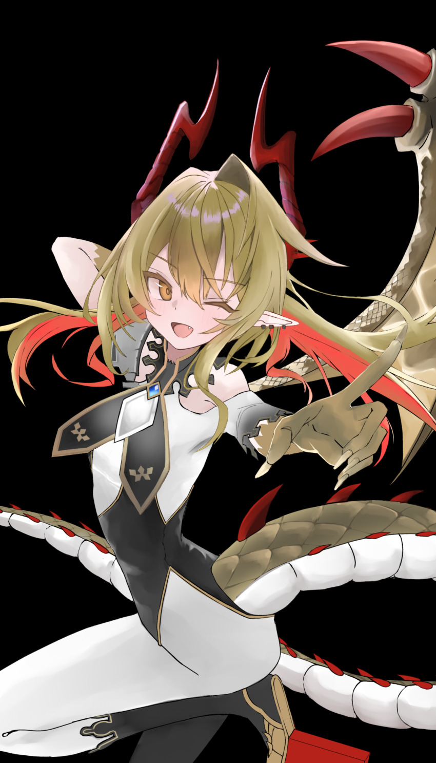 1girl bare_shoulders black_background blonde_hair dragon_girl dragon_horns dragon_tail dragon_wings highres horns lumiore_(shadowverse) multicolored_hair one_eye_closed open_mouth pantyhose pointy_ears red_hair ritaiya shadowverse smile solo tail two-tone_hair white_pantyhose wings yellow_eyes