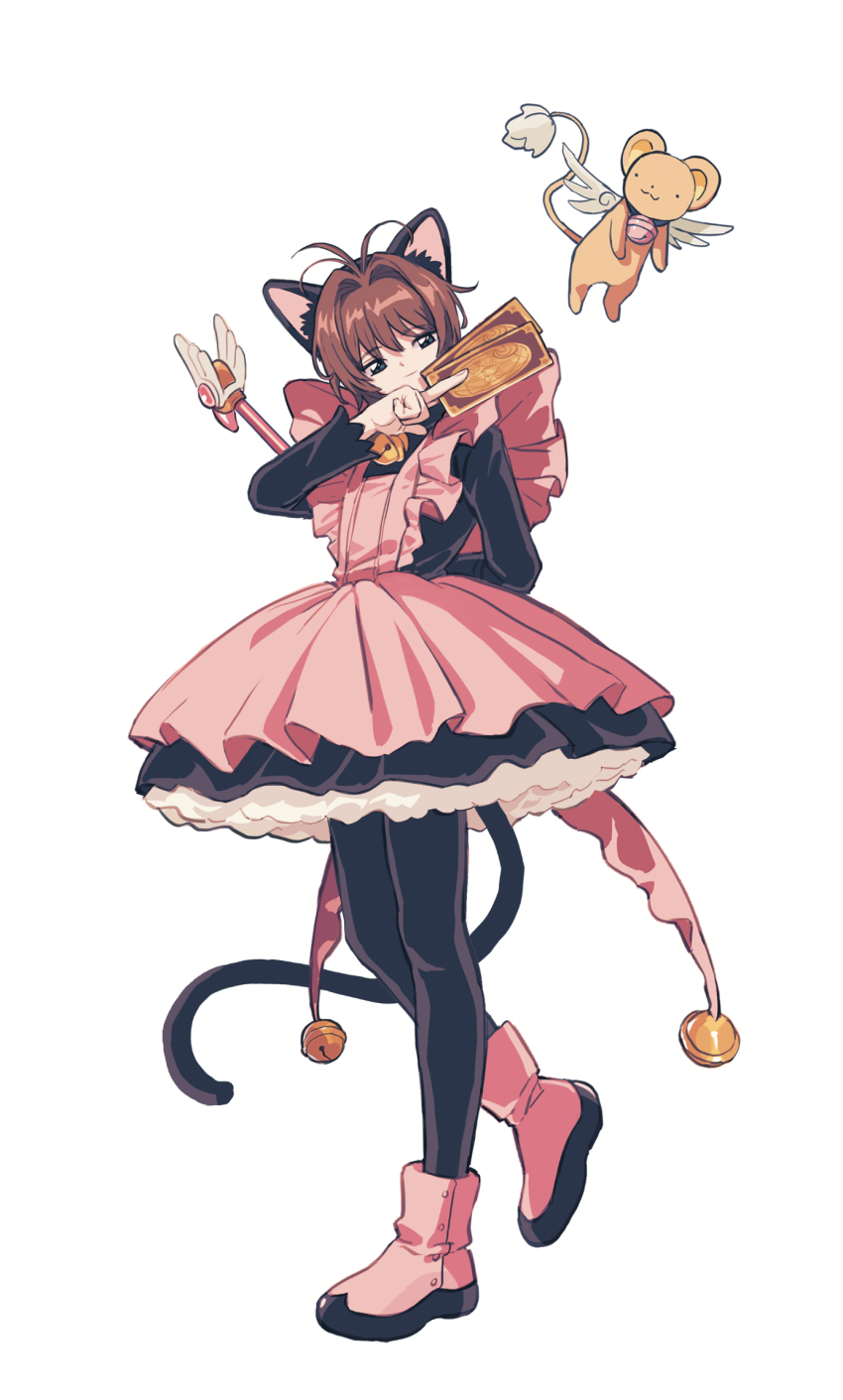1girl aisikadan animal_ears arm_behind_back bell black_pantyhose black_shirt boots brown_hair card cardcaptor_sakura cat_ears cat_tail dress fake_animal_ears feathered_wings full_body fuuin_no_tsue highres holding holding_card kero_(cardcaptor_sakura) kinomoto_sakura kinomoto_sakura_(kitty) lace_trim light_smile pantyhose petticoat pink_boots pink_dress shirt simple_background standing standing_on_one_leg tail wings