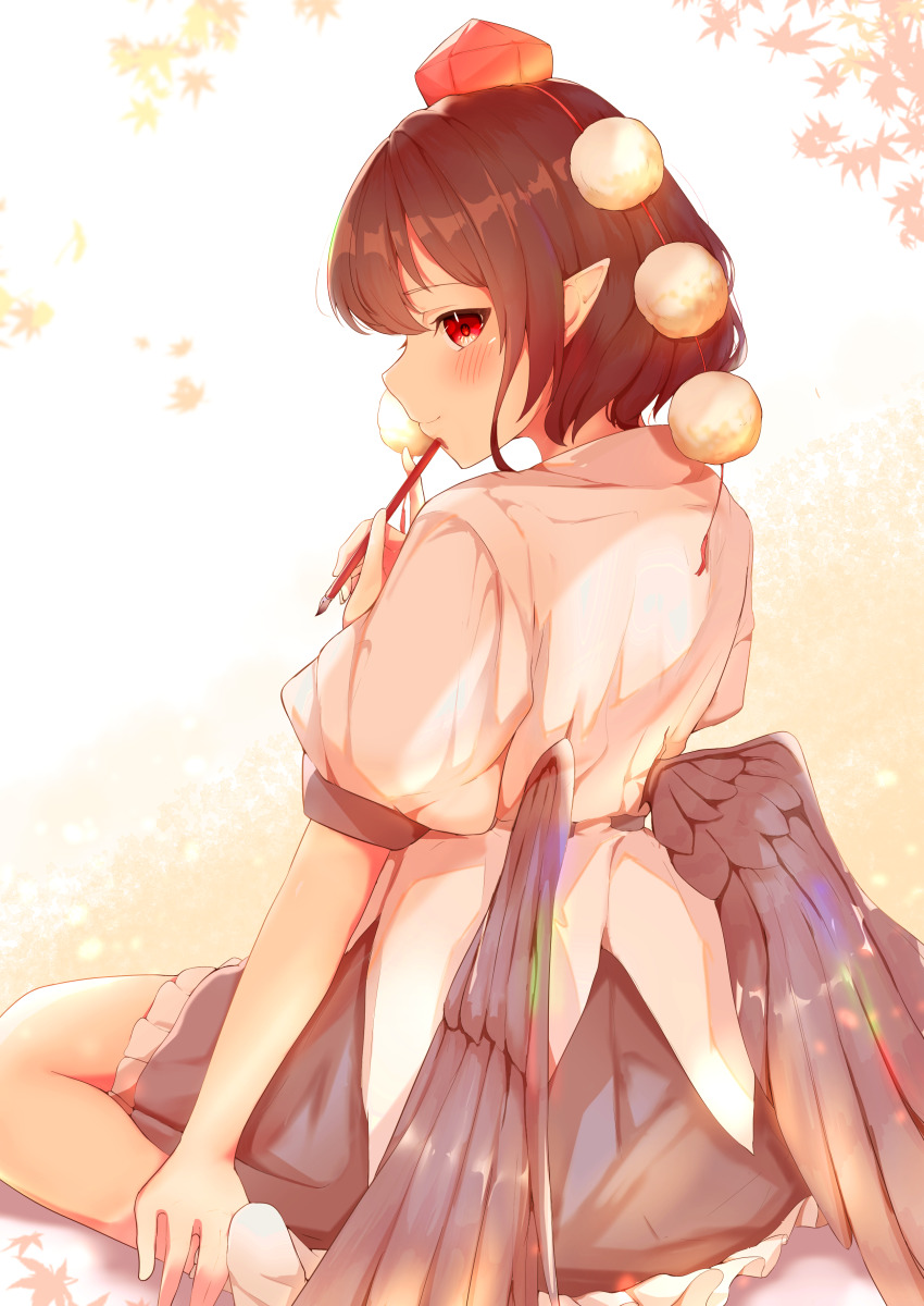 1girl absurdres autumn_leaves black_hair black_skirt black_wings blush closed_mouth commentary_request feathered_wings frilled_skirt frills from_behind hand_on_own_leg hand_up hat highres holding holding_pen leaf looking_at_viewer miniskirt nib_pen_(object) pen pen_to_mouth pleated_skirt pointy_ears pom_pom_(clothes) puffy_short_sleeves puffy_sleeves red_hat seele_(chanseele0128) shameimaru_aya shirt short_hair short_sleeves sideways_glance sitting skirt smile solo tengu tokin_hat touhou wariza white_shirt wings
